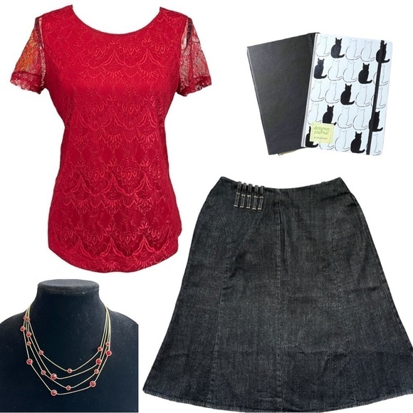 Notations Red Lace Layered Short Sleeve Shirt sz M - Picture 11 of 13